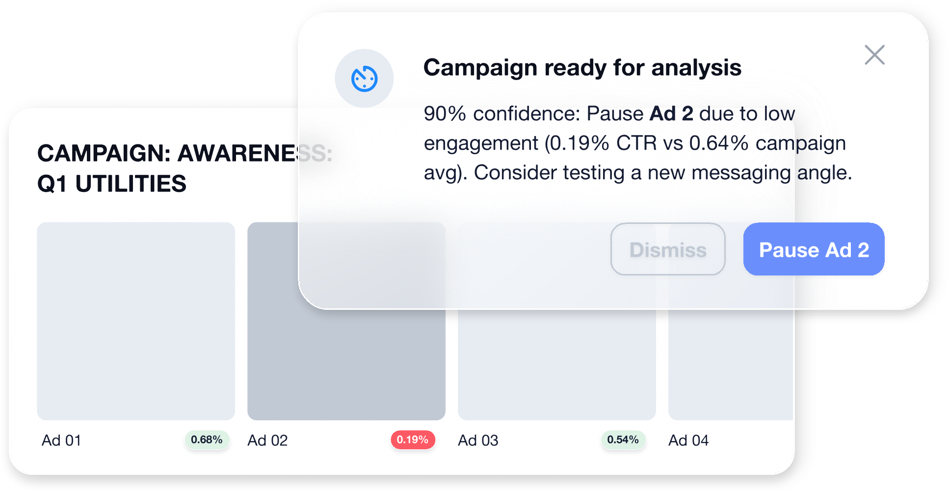 An illustration showing an underperforming ad and a suggestion to pause it.