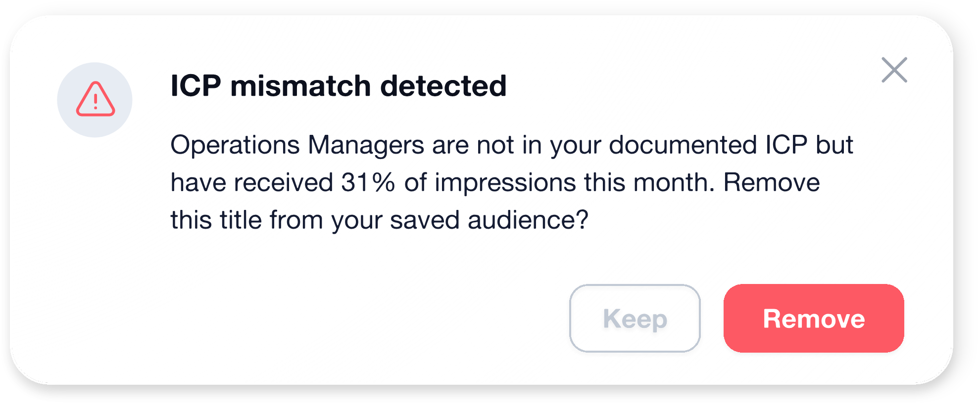 An illustration of an alert modal letting the user remove an underperforming segment from their LinkedIn audiences